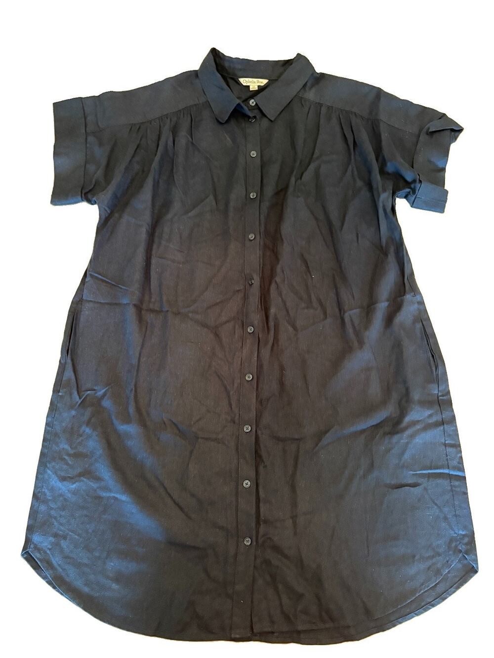 Ophelia Roe Button Front Navy Shirt Dress Pockets Size 1X Linen/Rayon Classic